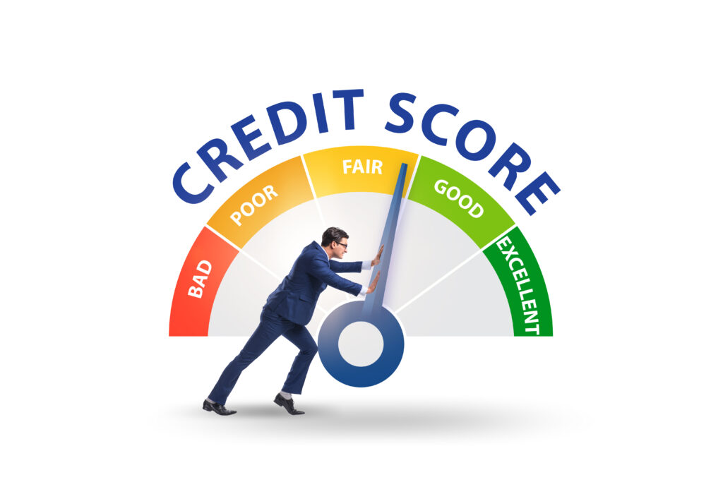 Man trying to push the needle of a credit score meter.
