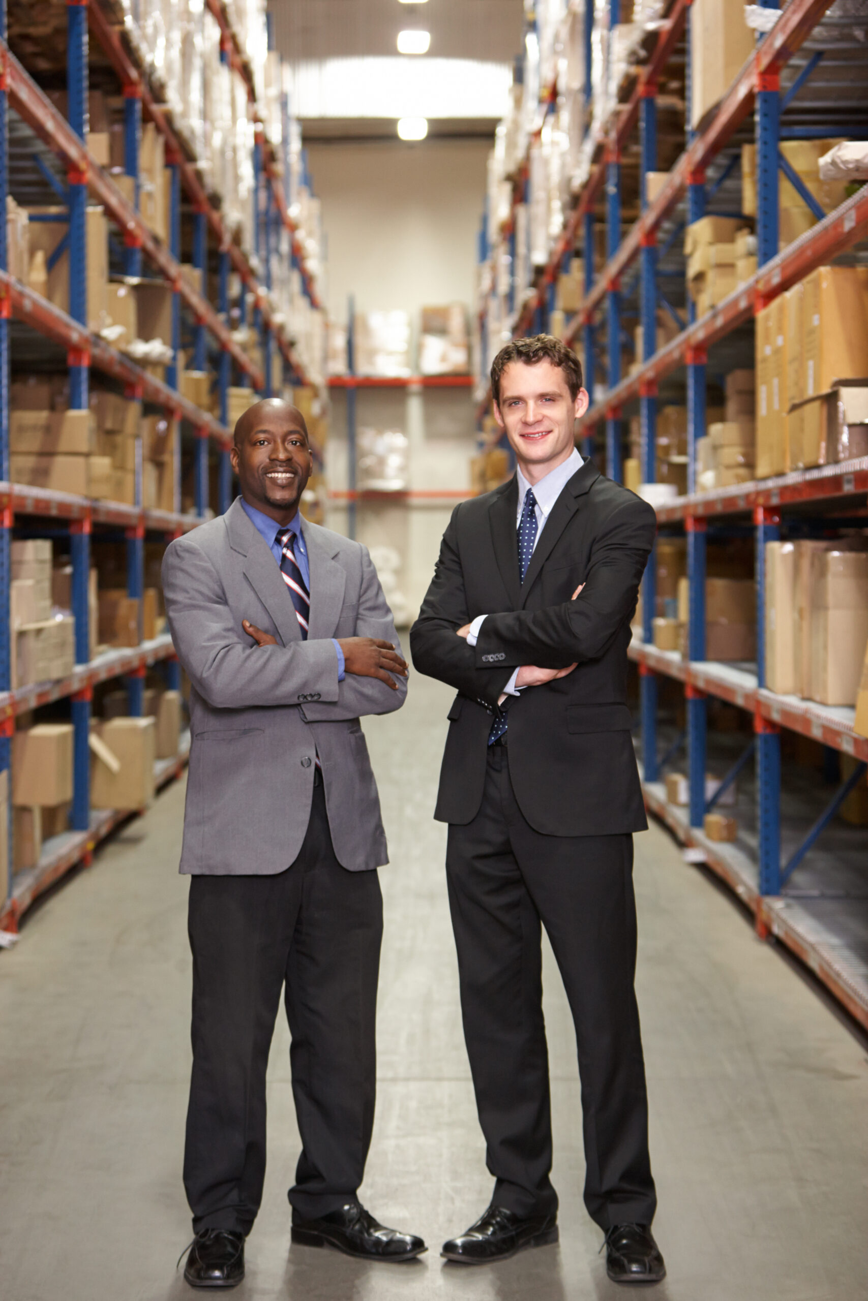 Portrait Of Two Businessmen standing In a warehouse.